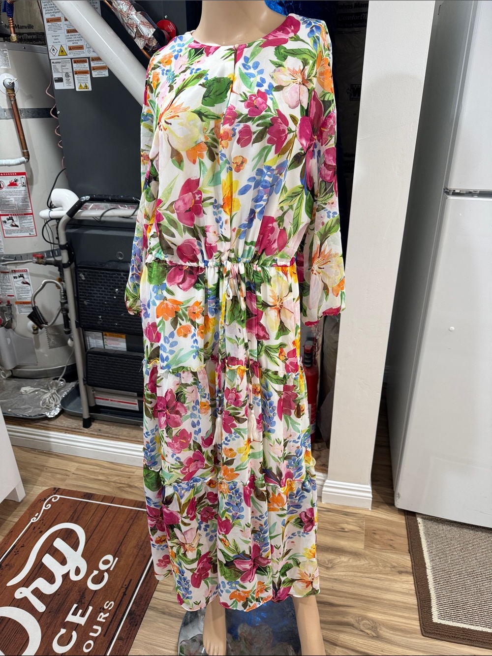 Taylor White Floral Tie-Waist Maxi Dress with Long Sleeves